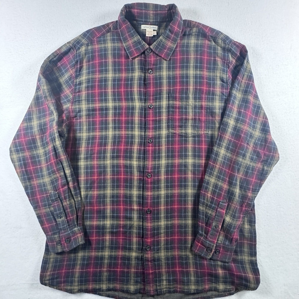 Carbon2Cobalt Flannel‎ Button Up Shirt Men's L Tall Navy Maroon Plaid Outdoors - Picture 3 of 7